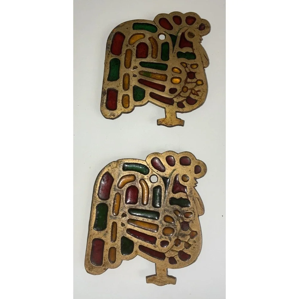 Rooster Trivet Cast Iron Stained Glass Gold‎ Tone Colorful Vintage (2)